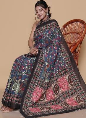 Kalamkari printed  cotton ethnic blue saree for woman 4