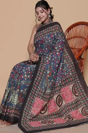 Kalamkari printed  cotton ethnic blue saree for woman