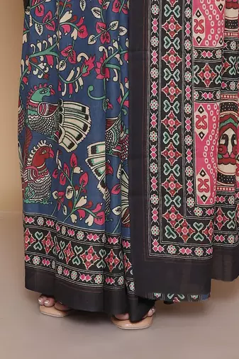 Kalamkari printed  cotton ethnic blue saree for woman