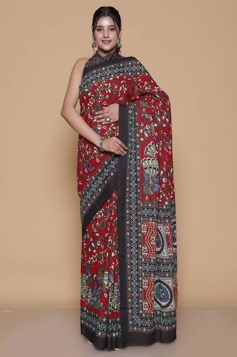 Kalamkari printed pure cotton ethnic red saree for woman