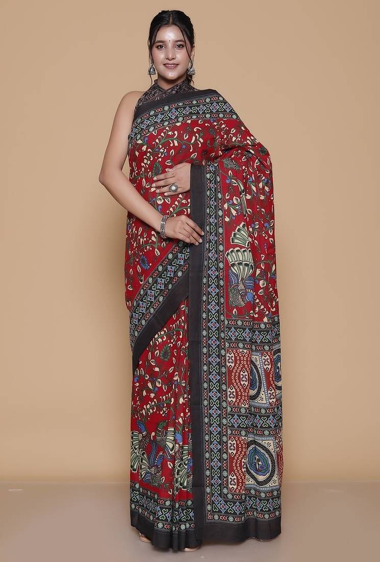 Kalamkari printed pure cotton ethnic red saree for woman
