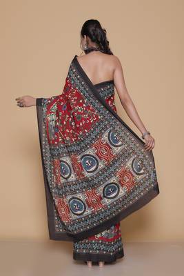 Kalamkari printed  cotton ethnic red saree for woman 2