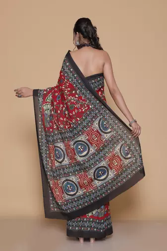 Kalamkari printed  cotton ethnic red saree for woman