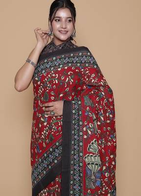 Kalamkari printed  cotton ethnic red saree for woman 3