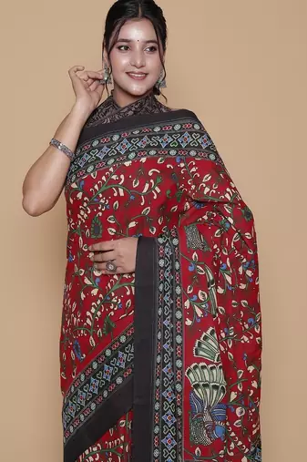 Kalamkari printed  cotton ethnic red saree for woman