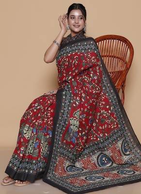 Kalamkari printed  cotton ethnic red saree for woman 4