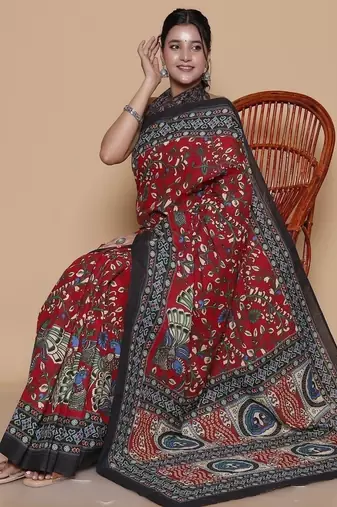 Kalamkari printed  cotton ethnic red saree for woman