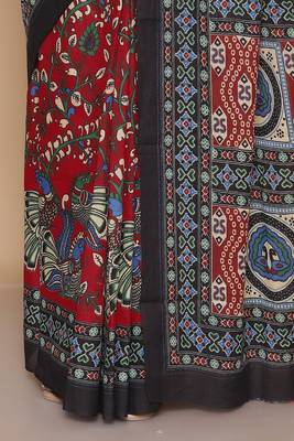 Kalamkari printed  cotton ethnic red saree for woman 5