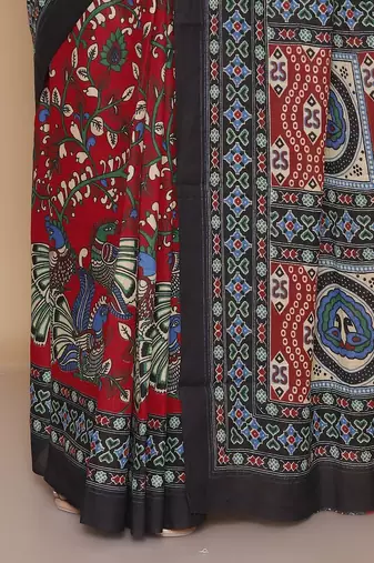 Kalamkari printed  cotton ethnic red saree for woman
