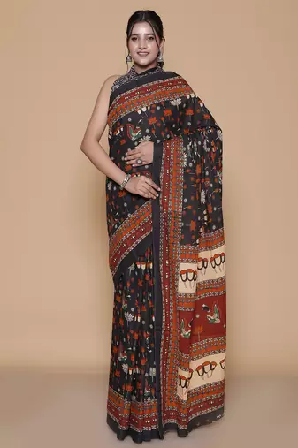 Kalamkari printed pure cotton ethnic black saree for woman