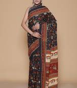 Kalamkari printed pure cotton ethnic black saree for woman