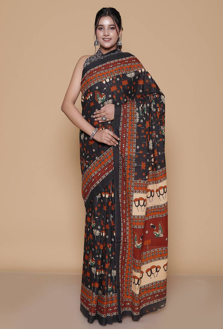 Kalamkari printed pure cotton ethnic black saree for woman
