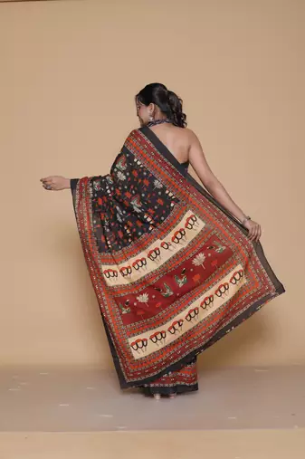 Kalamkari printed  cotton ethnic black saree for woman