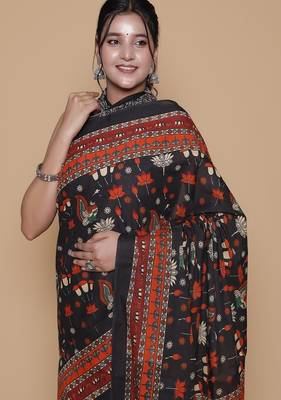 Kalamkari printed  cotton ethnic black saree for woman 3