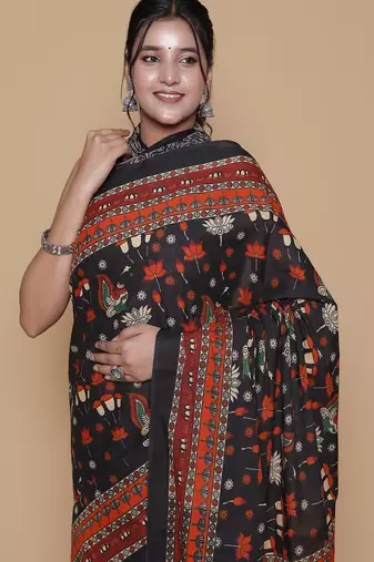 Kalamkari printed  cotton ethnic black saree for woman