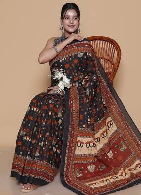 Kalamkari printed  cotton ethnic black saree for woman 4