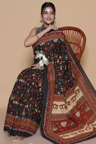Kalamkari printed  cotton ethnic black saree for woman
