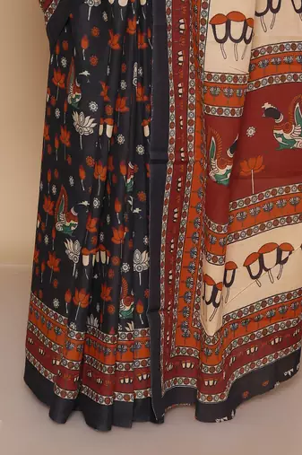 Kalamkari printed  cotton ethnic black saree for woman