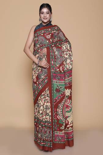 Kalamkari printed pure cotton ethnic red saree for woman