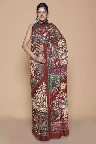 Kalamkari printed pure cotton ethnic red saree for woman