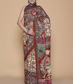 Kalamkari printed pure cotton ethnic red saree for woman