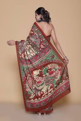 Kalamkari printed  cotton ethnic red saree for woman 2