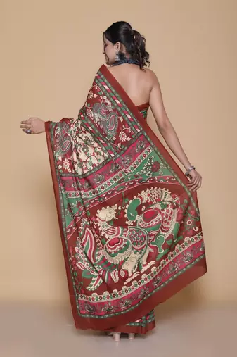 Kalamkari printed  cotton ethnic red saree for woman