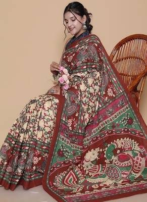 Kalamkari printed  cotton ethnic red saree for woman 4
