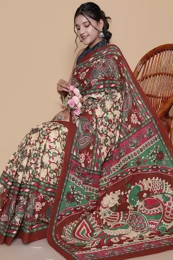 Kalamkari printed  cotton ethnic red saree for woman