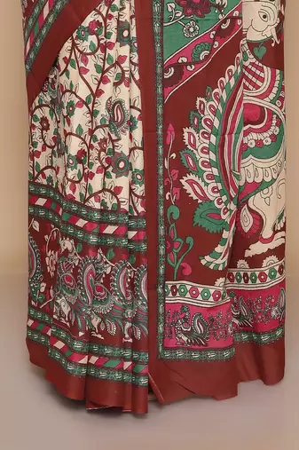 Kalamkari printed  cotton ethnic red saree for woman