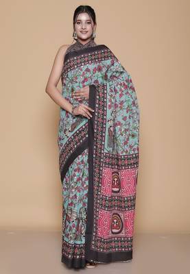 Kalamkari printed  cotton ethnic turquoise saree for woman 1