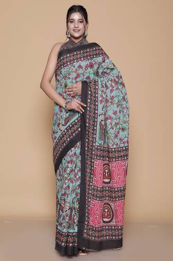 Kalamkari printed pure cotton ethnic turquoise saree for woman