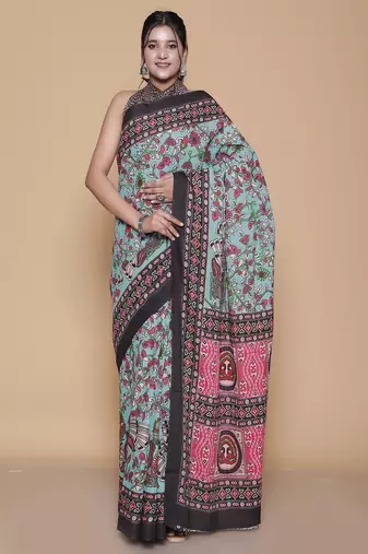 Kalamkari printed pure cotton ethnic turquoise saree for woman