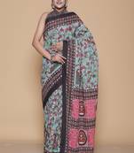 Kalamkari printed pure cotton ethnic turquoise saree for woman