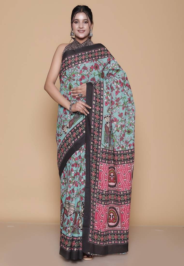 Kalamkari printed pure cotton ethnic turquoise saree for woman