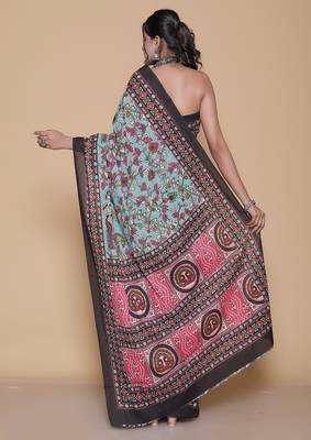 Kalamkari printed  cotton ethnic turquoise saree for woman 2
