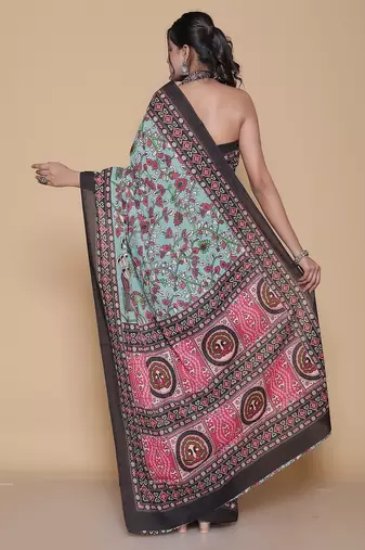 Kalamkari printed  cotton ethnic turquoise saree for woman