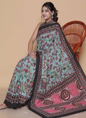 Kalamkari printed  cotton ethnic turquoise saree for woman 4