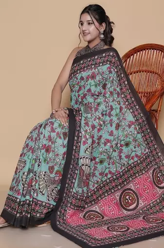 Kalamkari printed  cotton ethnic turquoise saree for woman