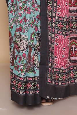 Kalamkari printed  cotton ethnic turquoise saree for woman 5