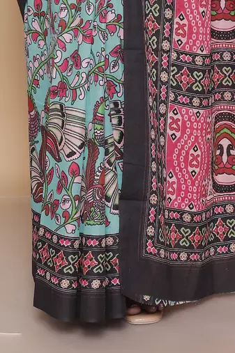 Kalamkari printed  cotton ethnic turquoise saree for woman