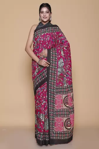 Kalamkari printed pure cotton ethnic magenta saree for woman