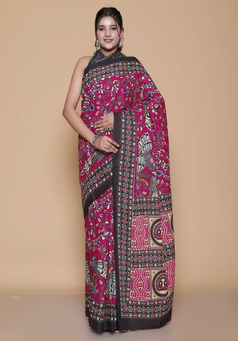 Kalamkari printed pure cotton ethnic magenta saree for woman