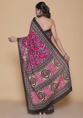 Kalamkari printed  cotton ethnic magenta saree for woman 2