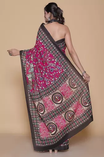 Kalamkari printed  cotton ethnic magenta saree for woman