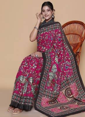 Kalamkari printed  cotton ethnic magenta saree for woman 4