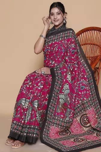 Kalamkari printed  cotton ethnic magenta saree for woman