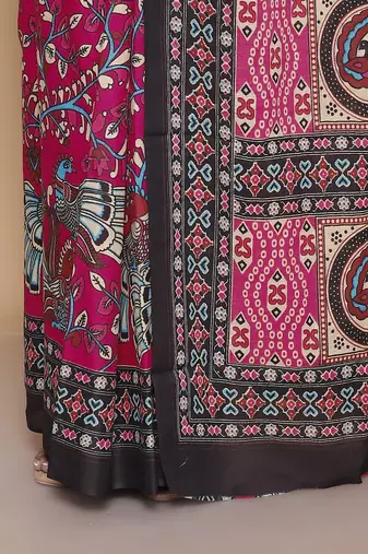 Kalamkari printed  cotton ethnic magenta saree for woman