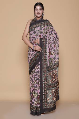 Kalamkari printed pure cotton ethnic pink saree for woman