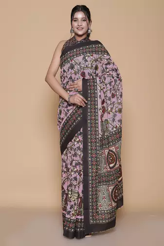 Kalamkari printed pure cotton ethnic pink saree for woman